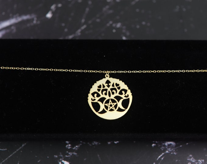 The Wiccan Tree of Life and Pentagram Gold Talisman Necklace for Spiritual Mothers Powerful connection to the Universe Pendant in Silver