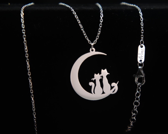 Cats on the Crescent Moon Necklace for her Dainty Moon pendant with two Cats sitting on it Lovely Gift idea for a Cat Person or Yourself