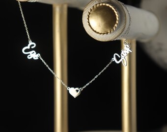 Dainty Sterling Silver Name Necklace, Two Names with Heart, Personalized Jewelry