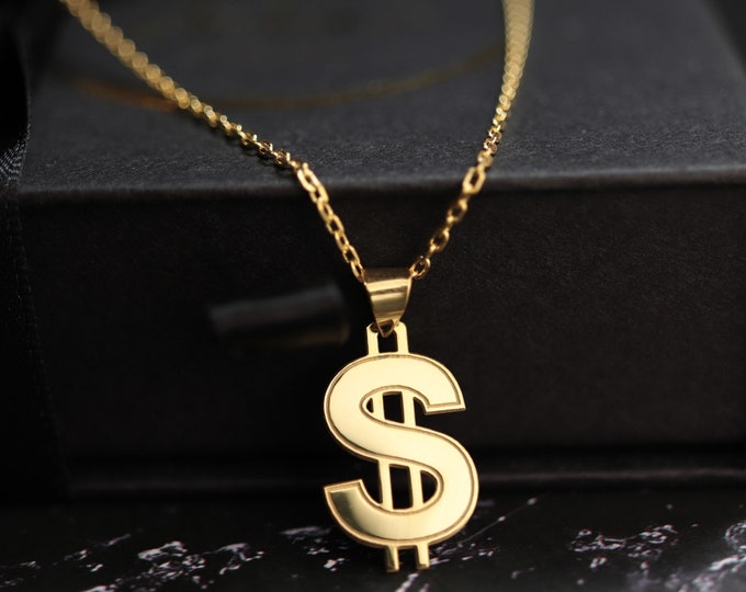 Dollar Sign Charm Silver Dollar Pendant Gold Plated Dollar Necklace Dainty Cable Chain and Dollar Sign Necklace gift for her and him