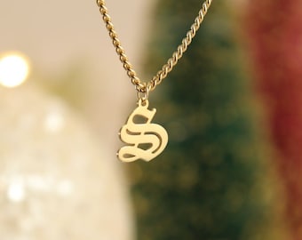 Old English Initial Necklace: Sterling Silver Gothic Letter Pendant