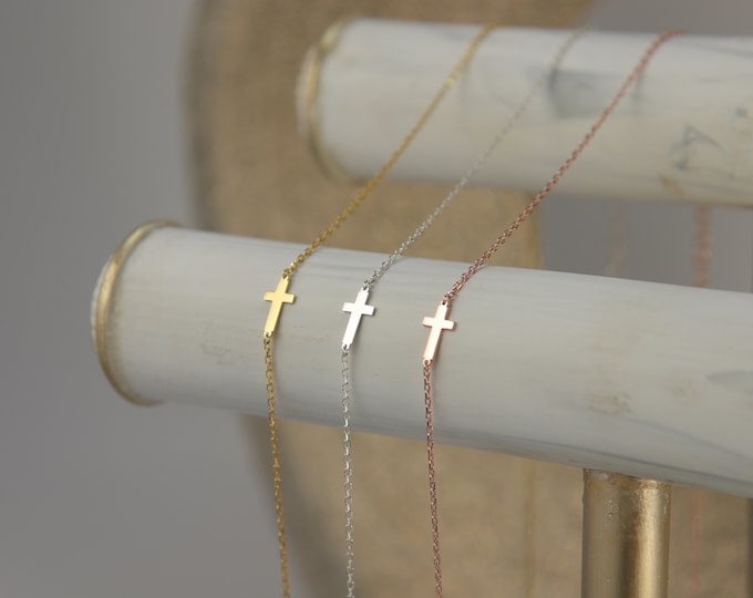 Cross Necklace, Tiny Cross Necklace, Dainty Sideway Cross Necklace, Christian gift, Small Cross Necklace, Mother's day Gift for Her