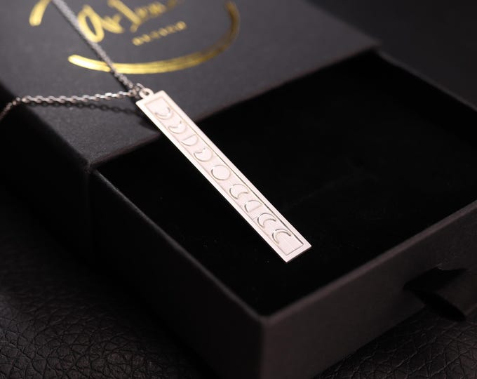 Moon Phase Bar Necklace • Sterling Silver Vertical Pendant • Celestial Necklace for Women • Minimal Dainty Lunar Jewelry Gift