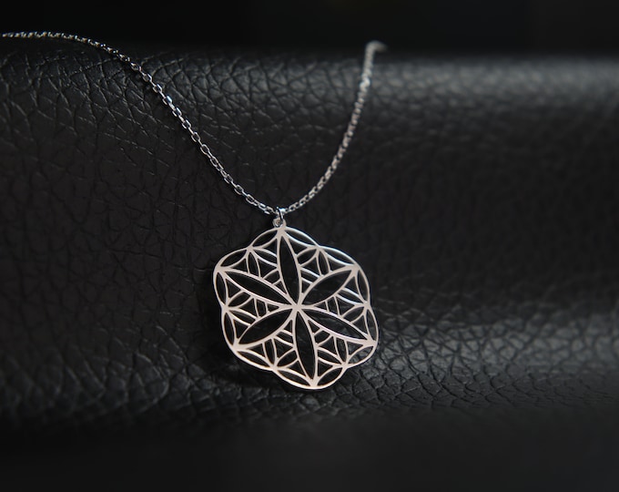Mantra Flower Necklace Nature's Geometry in Silver Elegance Spiritual Connection Pendant Spell Charm Necklace Special Mothers Day Gift Idea