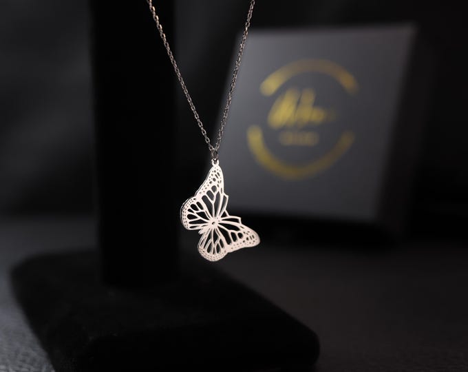 Butterfly Silhouette Necklace, 925 Sterling Silver Cutout Pendant, Dainty Nature Jewelry for Women, Minimalist Gift for Her