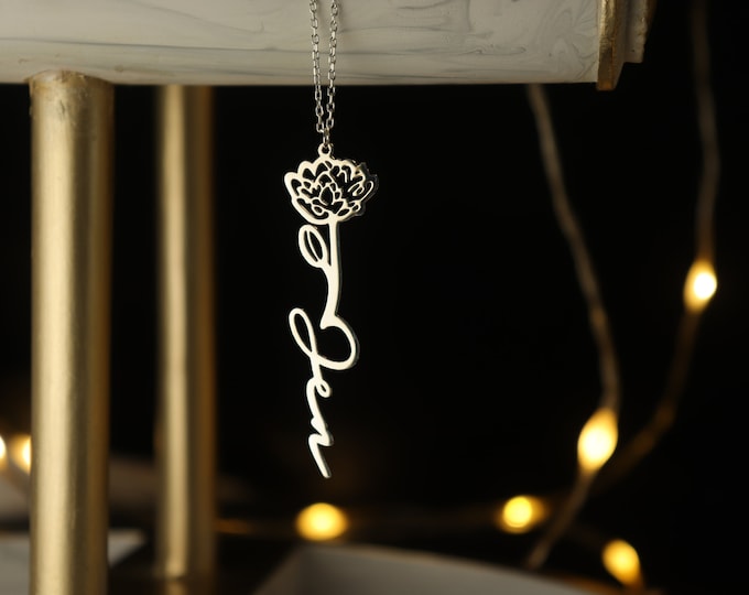 Women's Birth Flower Pendant Birthday Gift for a Friend with Personalized Engraved Charms, Female Jewelry with Personalized Flower Charms