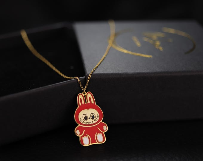 Cute Bunny Hoodie Necklace – Playful Enamel Pendant in Red or Pink on Dainty Chain, Fun Gift for Her, Kawaii Character Jewelry Labubu Charm