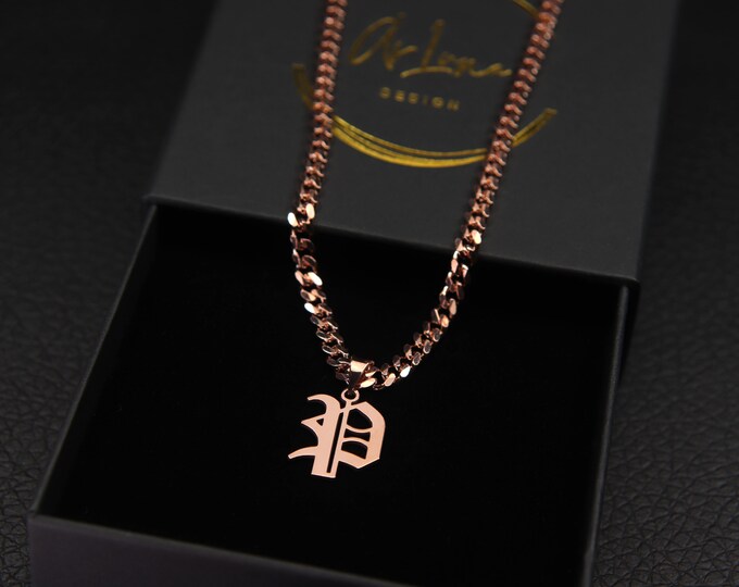 Old English Letters Necklace Gothic Initials Necklace 925K Silver Curb Chain Timeless Silver Initial Necklace
