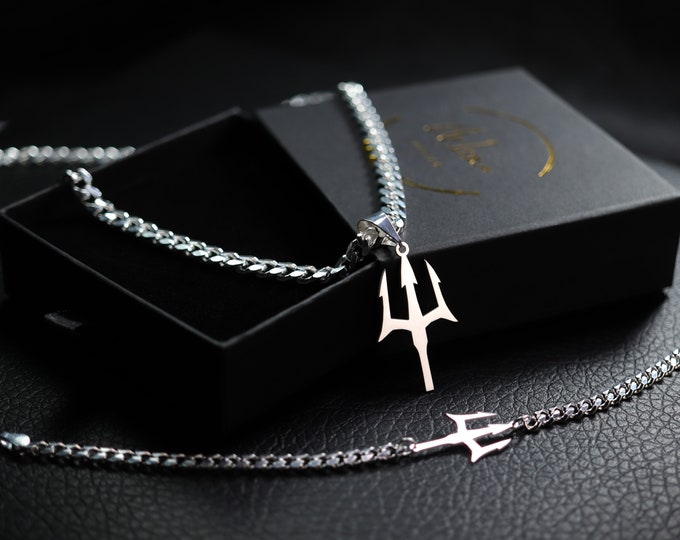 Trident Necklace and Bracelet The Trident Mastery Cuban Set - Sterling Silver Pendant, Necklace, and Bracelet Trio Gift for him Gift for her