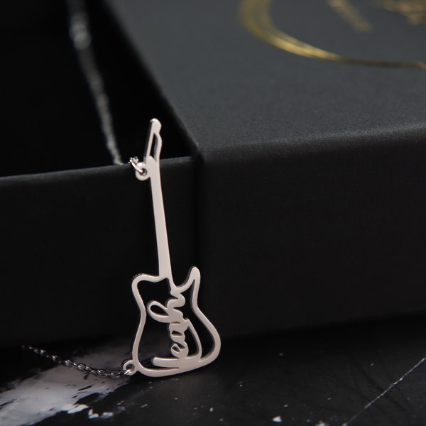 Guitar Name Necklace Perfect Gift for Musician Guitar Player Gift Idea Guitarist Name Plate Necklace Guitar Design Name Pendant Gift for Him