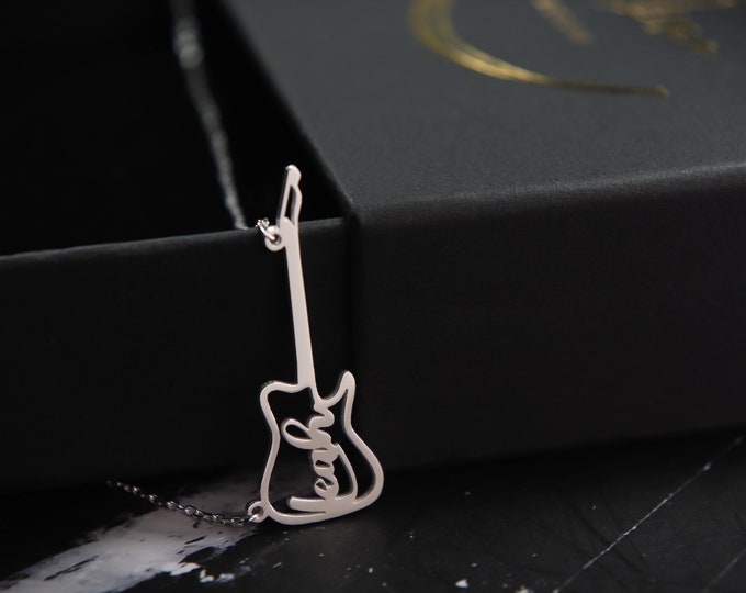 Guitar Name Necklace Perfect Gift for Musician Guitar Player Gift Idea Guitarist Name Plate Necklace Guitar Design Name Pendant Gift for Him