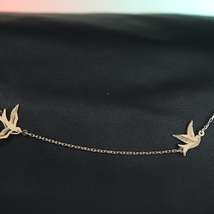 14K Gold Flying Sparrow Birds Necklace - Graceful Elegance in Flight Two Sparrow bird charm Detailed Necklace Mothers Day Gift Idea Memoriam