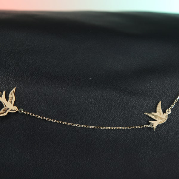 14K Gold Sparrow Birds Necklace: Elegant Flight Charm, Handmade