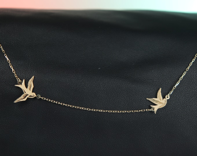 14K Gold Flying Sparrow Birds Necklace - Graceful Elegance in Flight Two Sparrow bird charm Detailed Necklace Mothers Day Gift Idea Memoriam