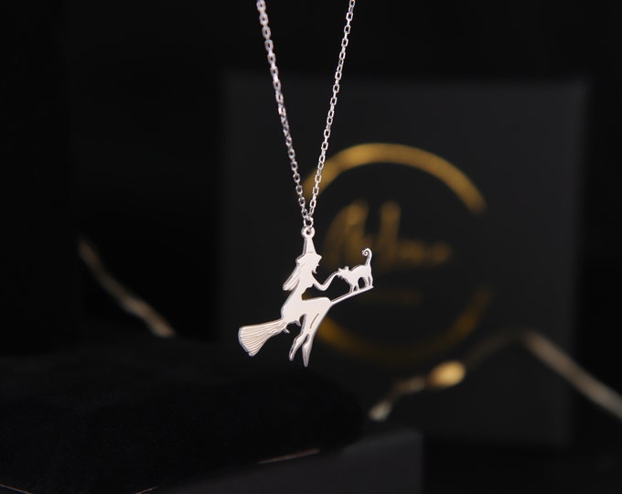 Haloween Witch Collection Witch on a Broom with Cat Necklace Witches Cat Witch Broom Necklace Silver Witch Necklace Halloween Costume Charm
