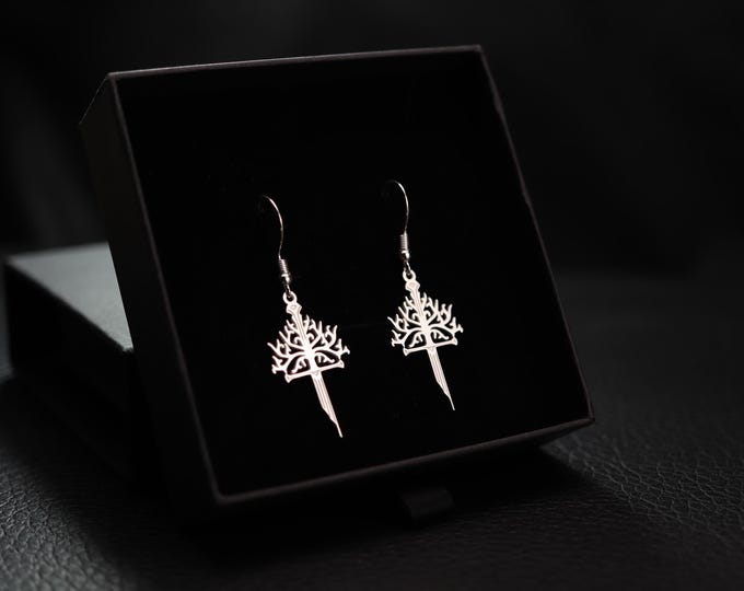 Aragorn's Broken Sword & White Tree Design Dangling Earrings | 925K Fantasy Elven Jewelry | Tolkien-Inspired Gift for Her LOTR Earrings