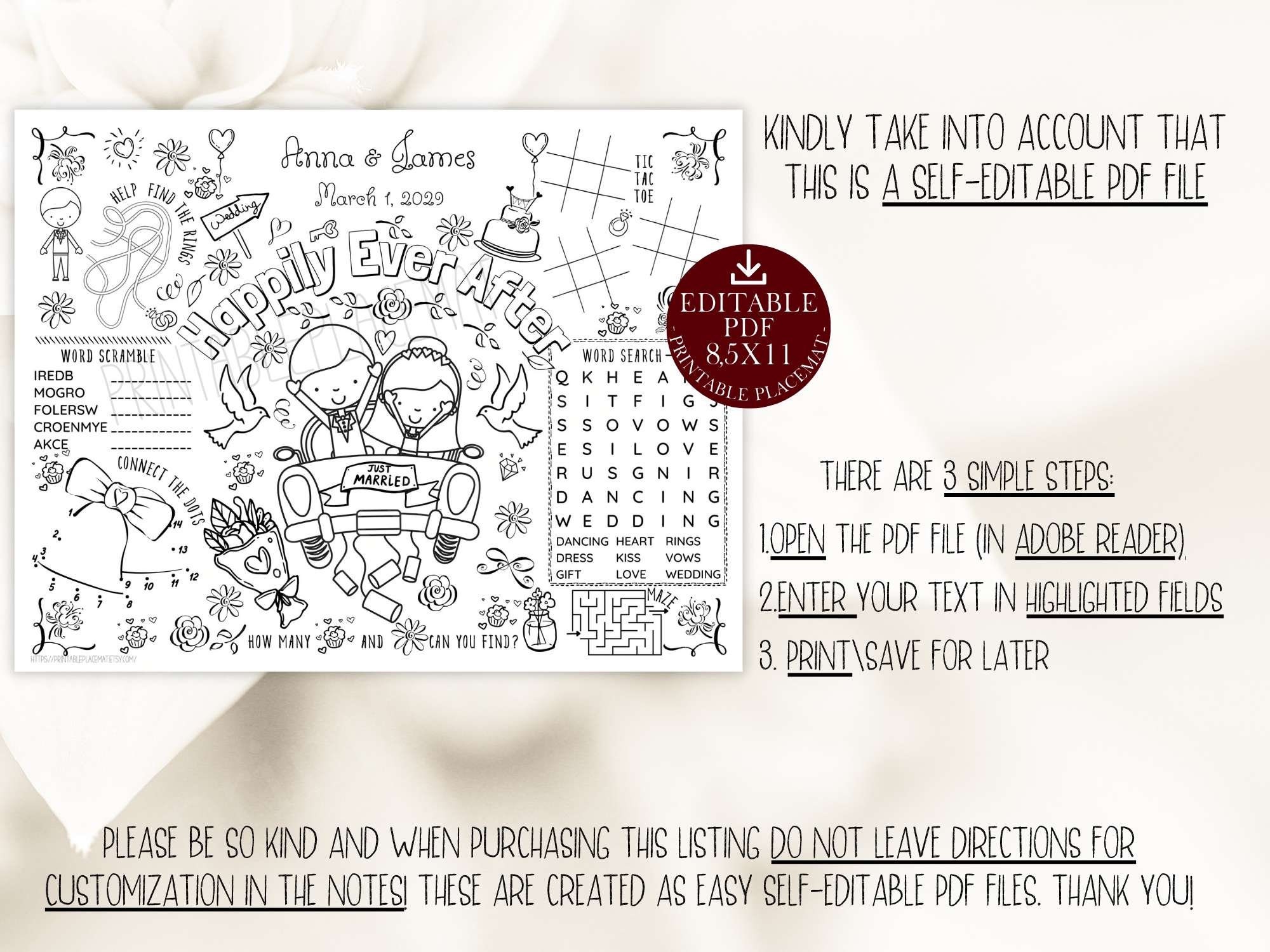 Kids Wedding Placemat PRINTABLE Coloring - Etsy
