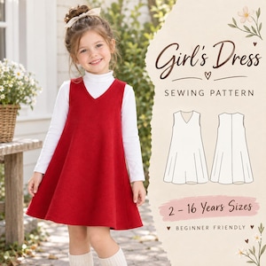 May include: A sewing pattern for a sleeveless red dress with a V-neckline. The image includes text reading Girl's Dress SEWING PATTERN, 2-16 Years Sizes, and BEGINNER FRIENDLY, alongside a line drawing showing the front and back of the dress.