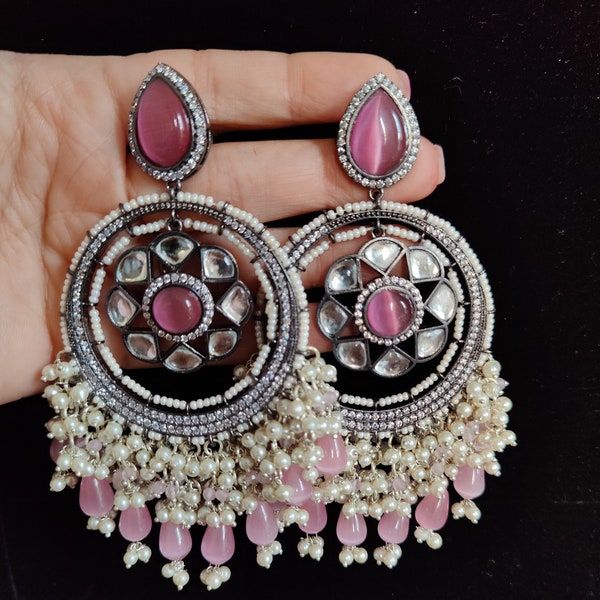 Oversized kundan chandbalis with monalisa stones and pearl gajra/Kundan earrings/kundan big earrings/Indian festive jewelry/Indian Chandbali