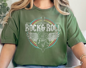 Rock and Roll Guitar Angel Shirt, Vintage Rock Music Lover Shirt, Angel Wings Shirt, Rock Concert Tee, Gift for Rock Lover, Rainbow Rock Tee