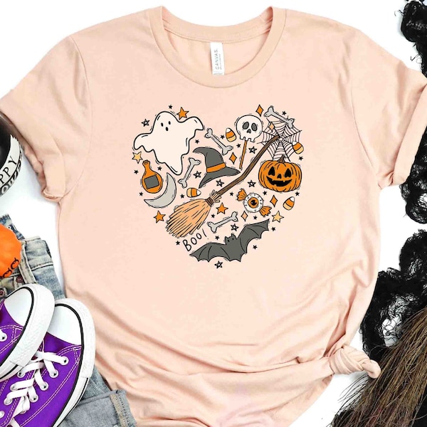 Halloween Doodles Shirt , Halloween Shirt, Cute Halloween Theme Shirt, Happy Halloween Shirt, Happy Halloween Heart Shirt , Halloween Heart