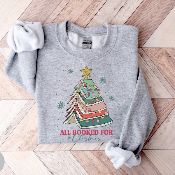 Allemaal geboekt voor kerstshirt, boekenwurm kersttrui, kerstboekenboomsweater, boekenliefhebbers kerstsweater, leesgrage cadeau