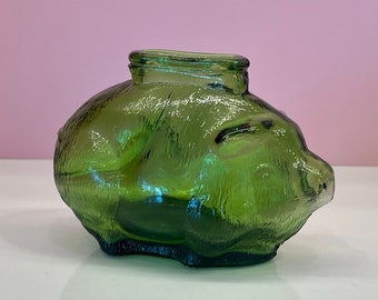 Vintage Small Green Piggy Bank; Glass Piggy Bank; Antique Piggy Bank