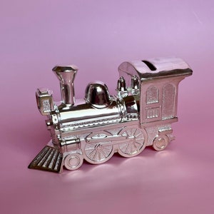 Silver Plated Train Bank; Train Piggy Bank; Newborn Keepsake