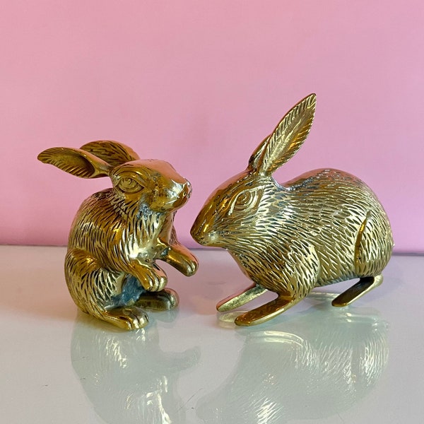 Vintage Pair of Brass Rabbit Figurines; Vintage Brass Decor; Year of the Rabbit Gift; Brass Easter Bunny Figure