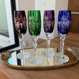 Set of 4 Cut to Clear Crystal Champagne Flutes; Crystal Champagne Glasses Made in Hungary