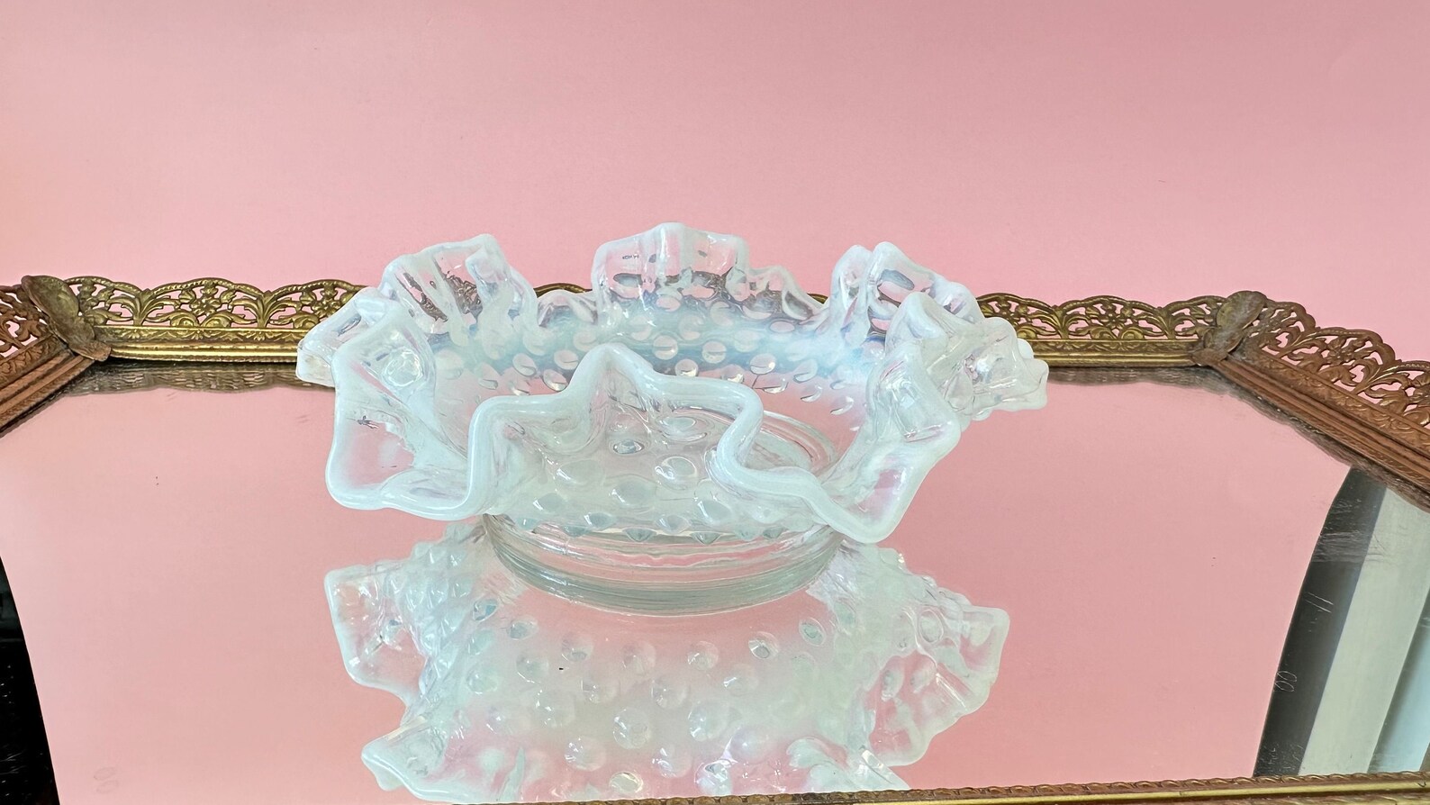 Fenton White Opalescent Hobnail Glass Ruffled Edge Vintage 6" Candy ...