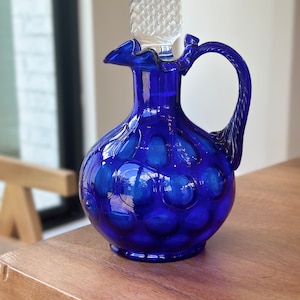 Vintage Fenton Cobalt Blue Coin Dot Ruffled Edge Pitcher with Stopper; Fenton Pitcher