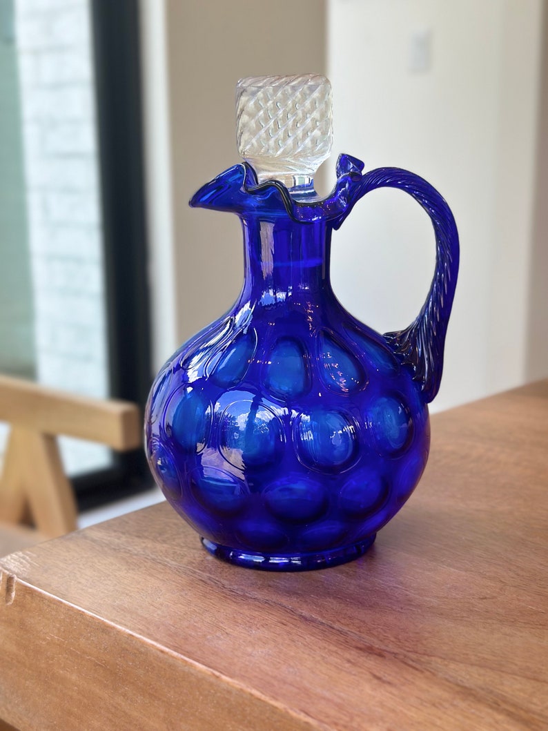 Vintage Fenton Cobalt Blue Coin Dot Ruffled Edge Pitcher With Stopper ...