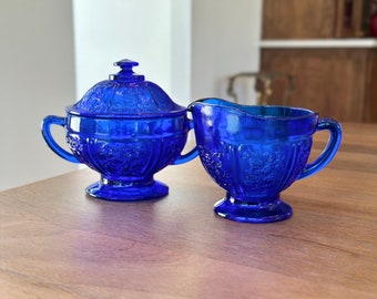 Vintage Cobalt Blue Lidded Sugar and Creamer Jar