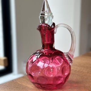 Vintage Fenton Cranberry Glass Coin Dot Cruet w Diamond Stopper; Cranberry Fenton Cruet