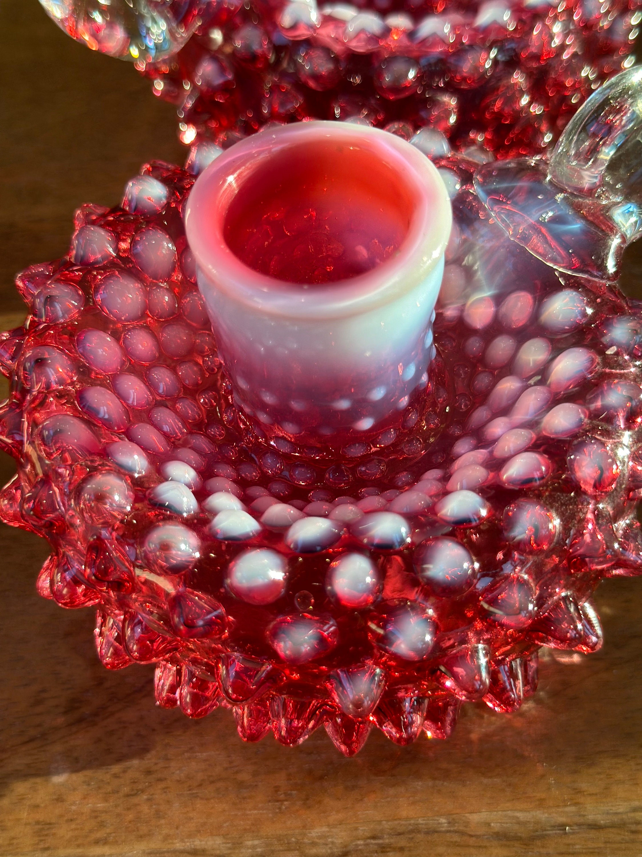 Vintage Pair of Fenton Hobnail Cranberry Glass Candle