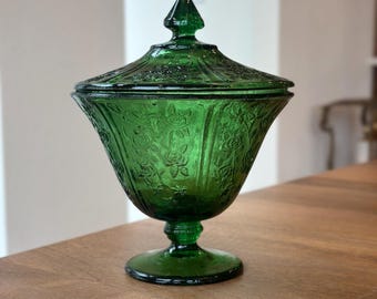 Vintage Cabbage Rose Sharon Green Compote Candy Dish; Green Lidded Compote