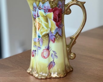 Handpainted Nippon Rose Pitcher with Flowers and Gold