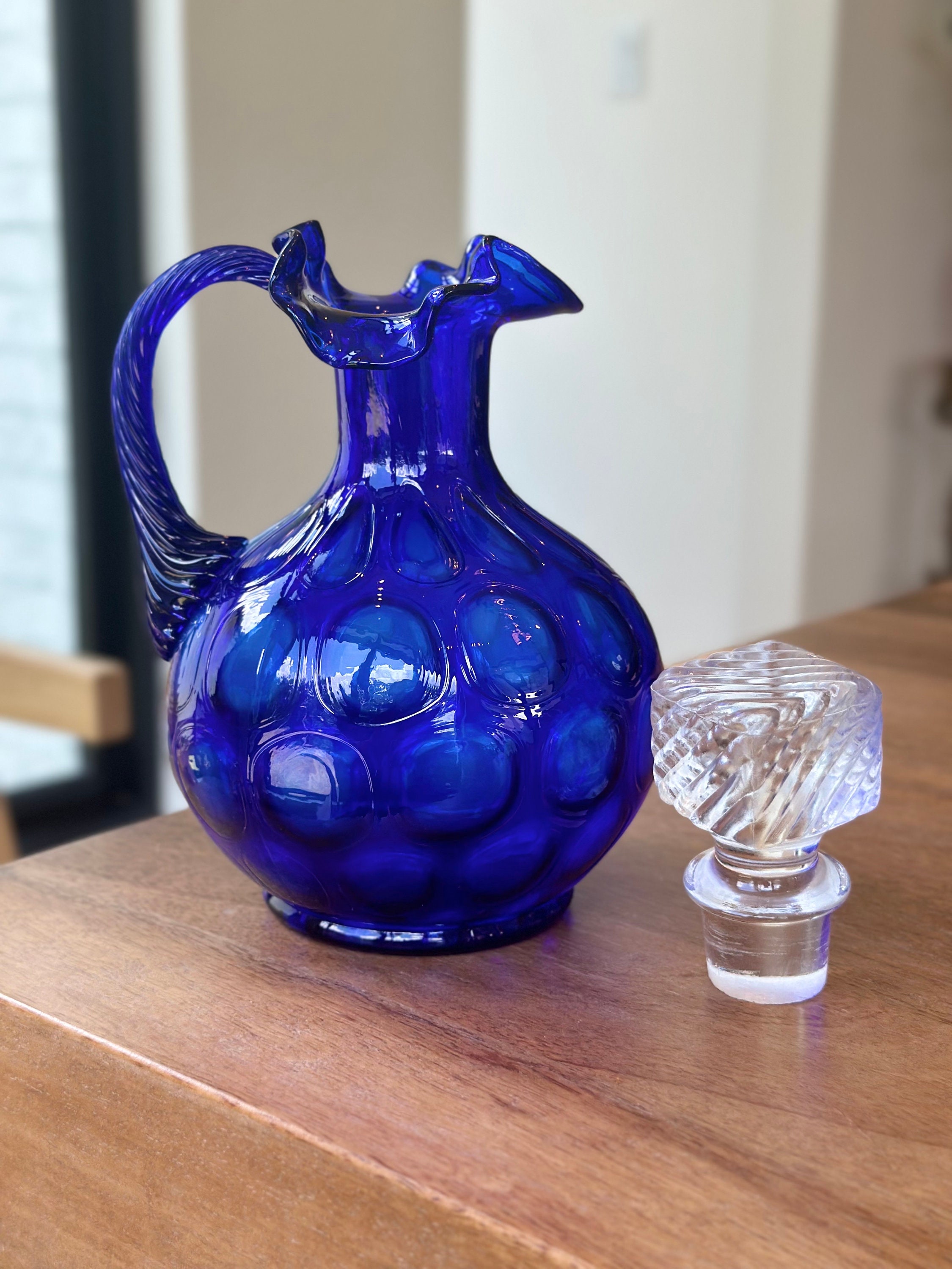 Vintage Fenton Cobalt Blue Coin Dot Ruffled Edge Pitcher With Stopper ...