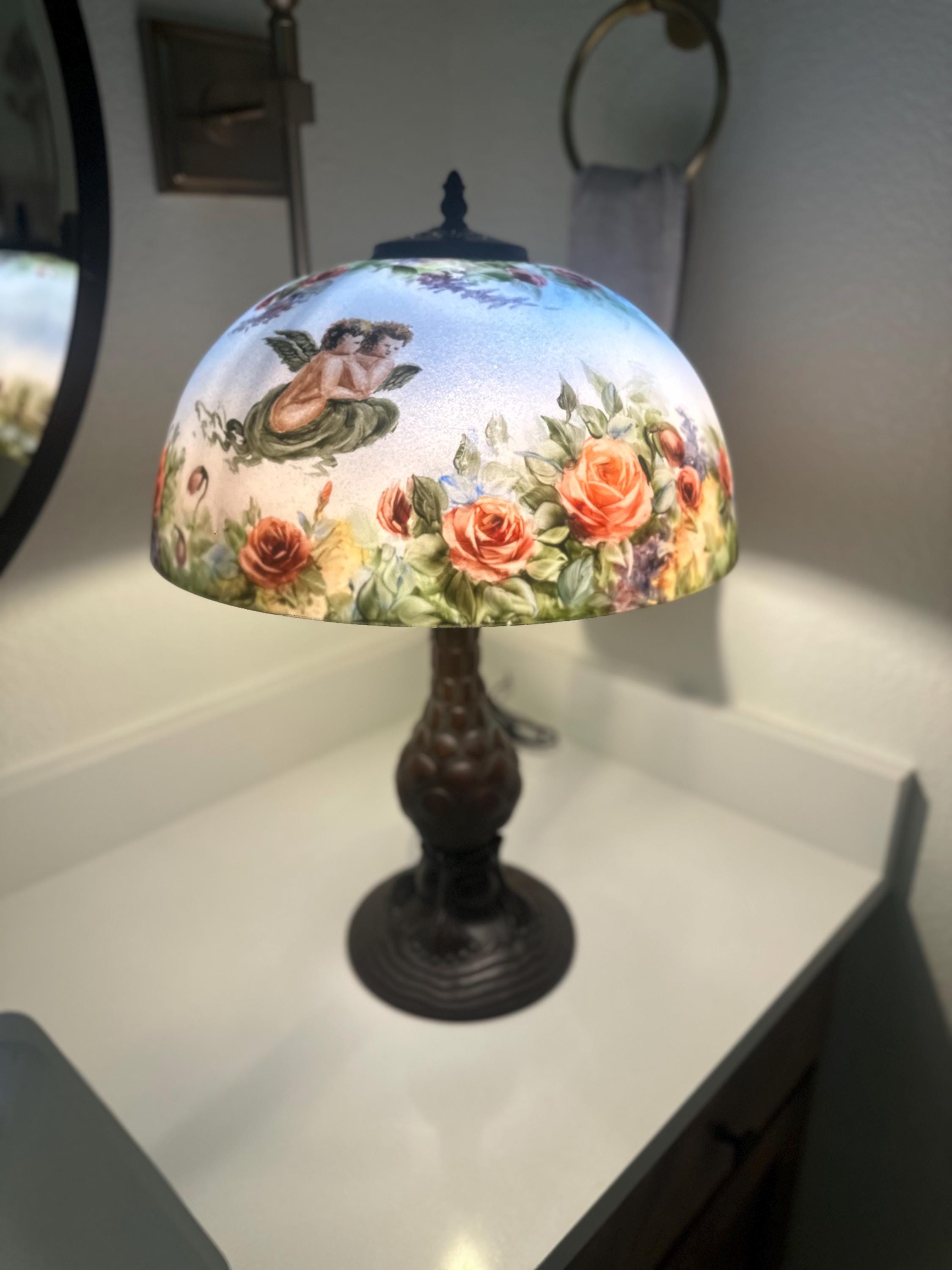 Reverse Painted Lamp with Cherubs and Roses; Reverse Painted Cherub Lamp