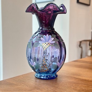 Fenton Honor Collection Mulberry Glass Hand Painted Vase Limited Edition; Vintage Fenton Vase