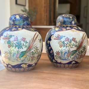 Pair of Vintage Blue Chinoiserie Porcelain Large Ginger Jar; Pair Ginger Jars