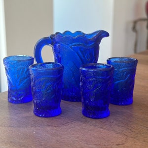 Vintage Cobalt Blue Miniature Pitcher & Glasses Set; Art Glass Child’s Tea Set