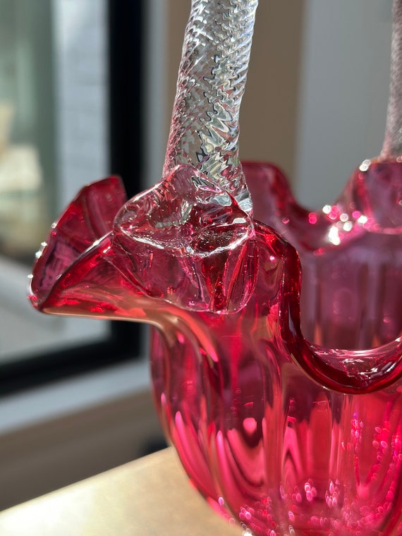 Fenton Style Cranberry Glass Ruffled Edge Footed Basket Art Glass