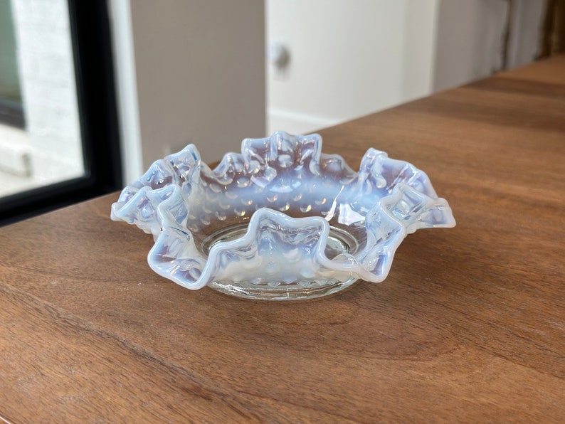 Fenton White Opalescent Hobnail Glass Ruffled Edge Vintage 6" Candy ...