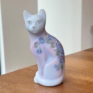 Fenton Blue Burmese Glass Hand Painted Cat Limited Edition; Paperweight; Vintage Fenton Glass Kitten
