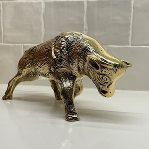 Brass Bull Figure; Vintage Bull Decor; Wallstreet Bull Brass Bull Desk Decor
