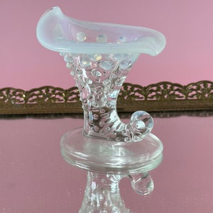 Vintage Fenton Clear Opalescent Mini Cornucopia Vase; 1970’s Vintage Hobnail Fenton