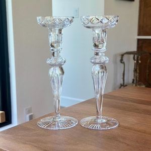 Pair of Design Guild Cut Crystal 12&quot; Candlestick Candle Holder Etched