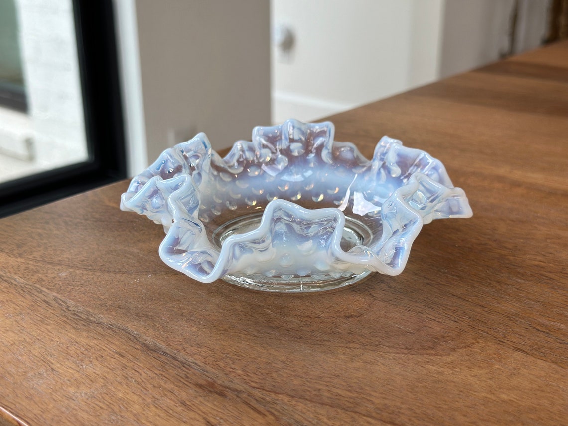 Fenton White Opalescent Hobnail Glass Ruffled Edge Vintage 6" Candy ...
